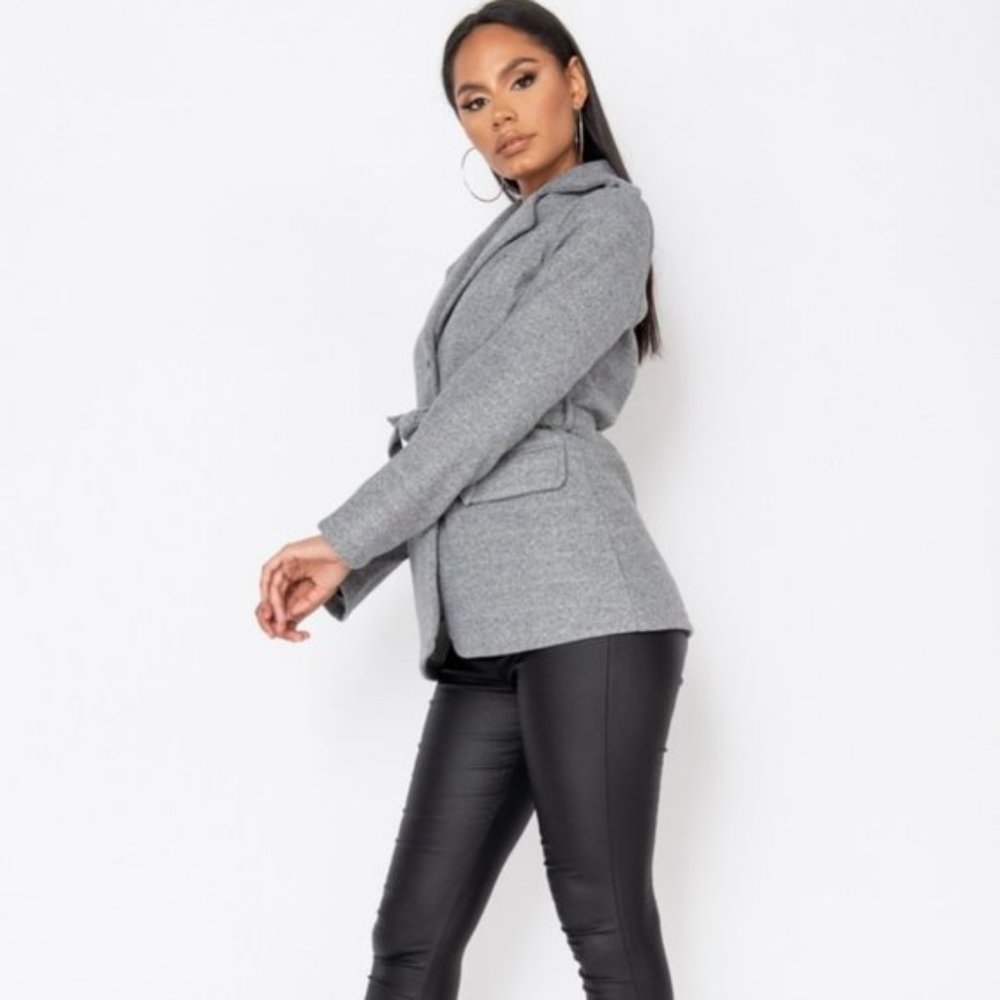 Gray Wool Blend Long Sleeve Belted Jacket - Picture 7 of 10